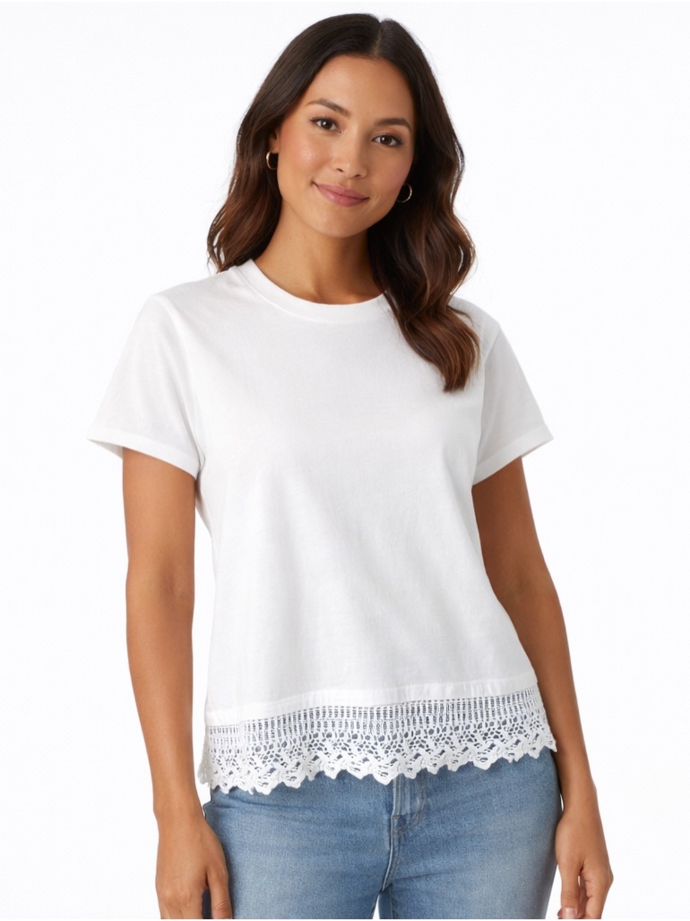 SANCTUARY Lace Tee White Crochet Lace Hem Cotton Top XS NWT Feminine‎